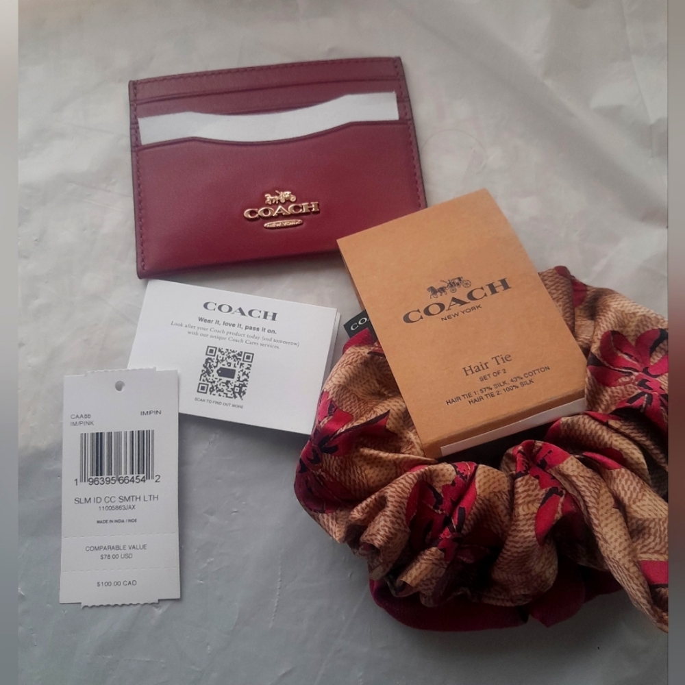 New Coach Slim ID Card Case In Pink & Coach 2 Hair Scrunchies In Bow Print NWT
